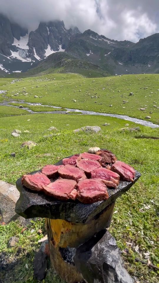 Tenderloin on Stone Stove 😍🔥 #cooking #nature #asmr #surviva